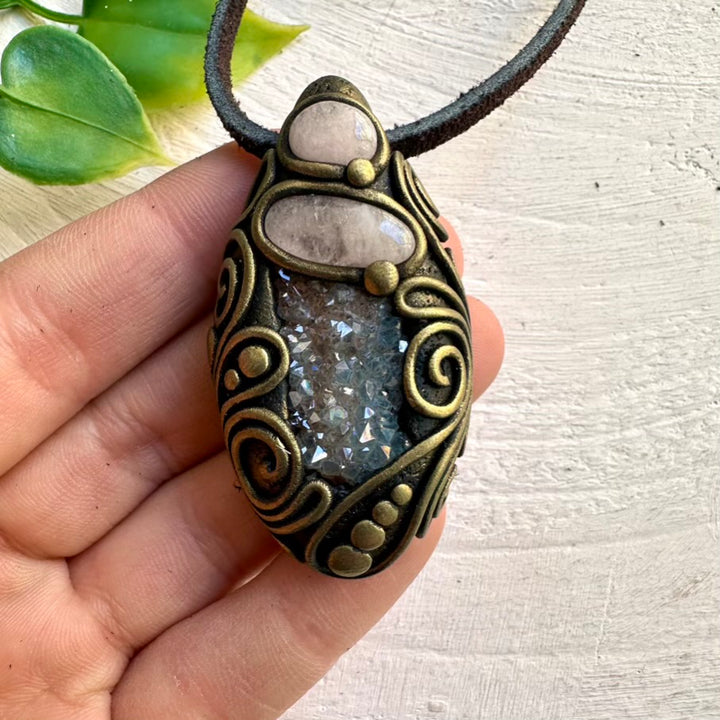 Morganite and Aqua Aura Quartz Pendant – Healing Necklace for Emotional Balance and Calm