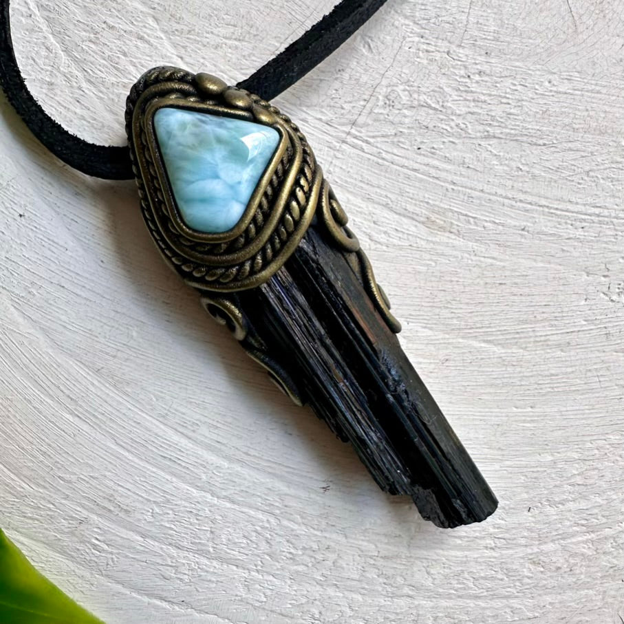 Larimar and Tourmaline Pendant – Spiritual Crystal Necklace for Energy Harmony
