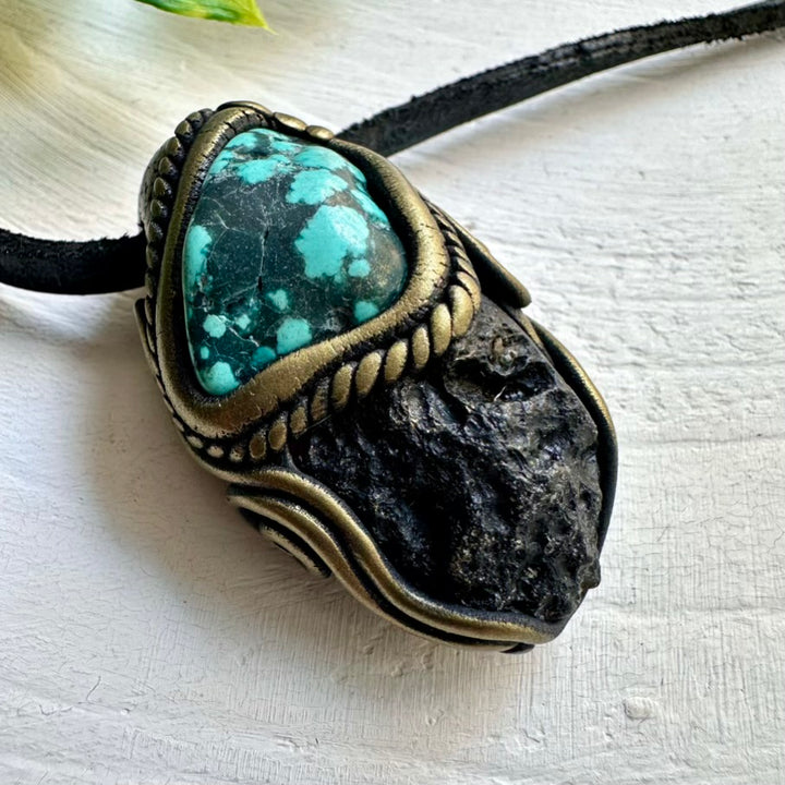 Handmade Necklace with Black Tektite and Turquoise – Healing Crystal Jewelry for Strength and Serenity