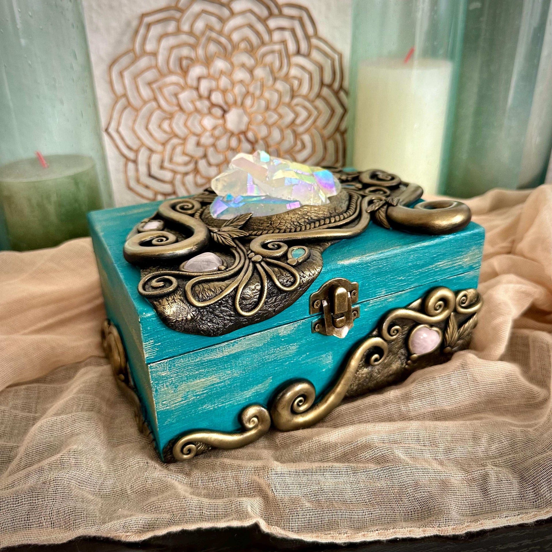 Wooden Box with Crystals, Tarot Box , Small Vintage Box , Handmade Jewelry Box, Unique Home Decor - FairyGardenGlow