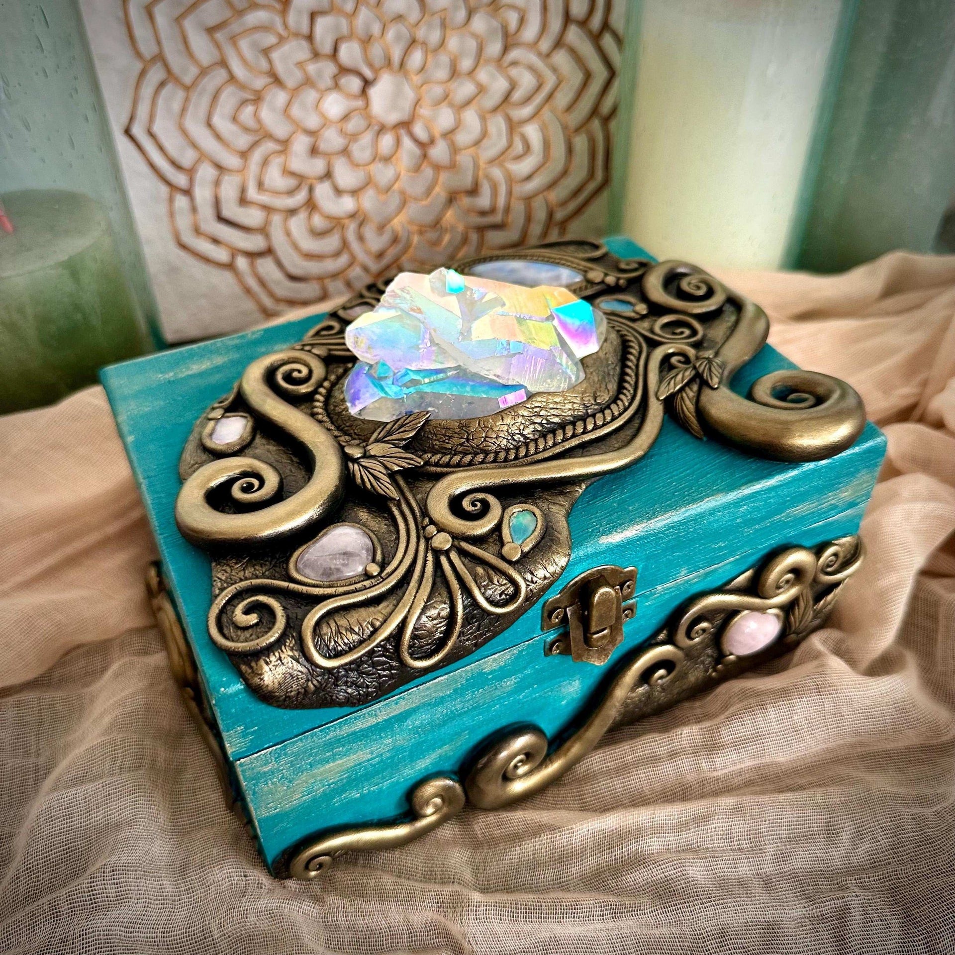 Wooden Box with Crystals, Tarot Box , Small Vintage Box , Handmade Jewelry Box, Unique Home Decor - FairyGardenGlow