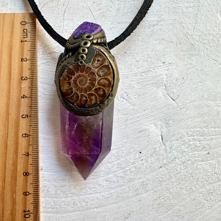 Ametrine Ammonite Charoite Pendant – Handmade Mini Wand for Healing