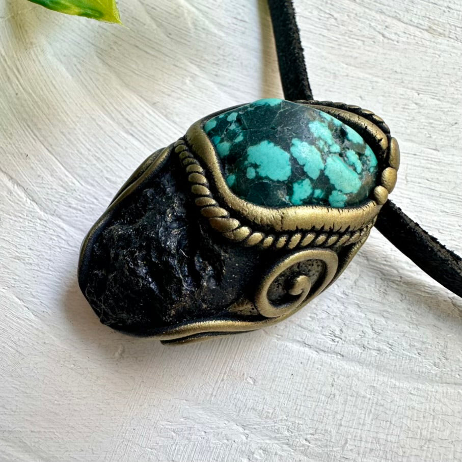 Unisex Handmade Necklace – Turquoise and Tektite Gemstone Jewelry for Grounding and Peace