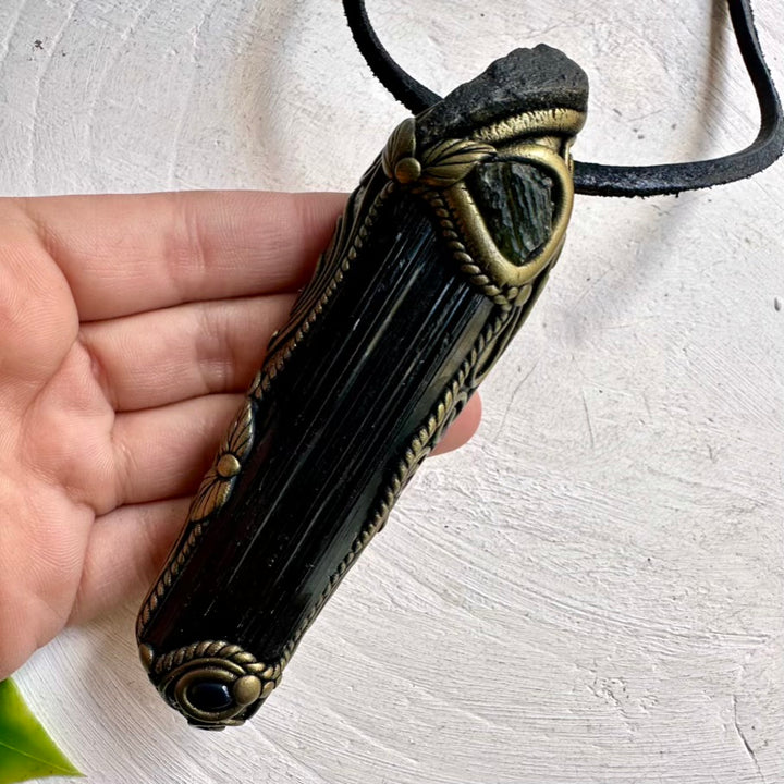 Black Tourmaline, Black Tektite, Moldavite and Black Opal Pendant – Healing Crystal Wand for Protection and Transformation