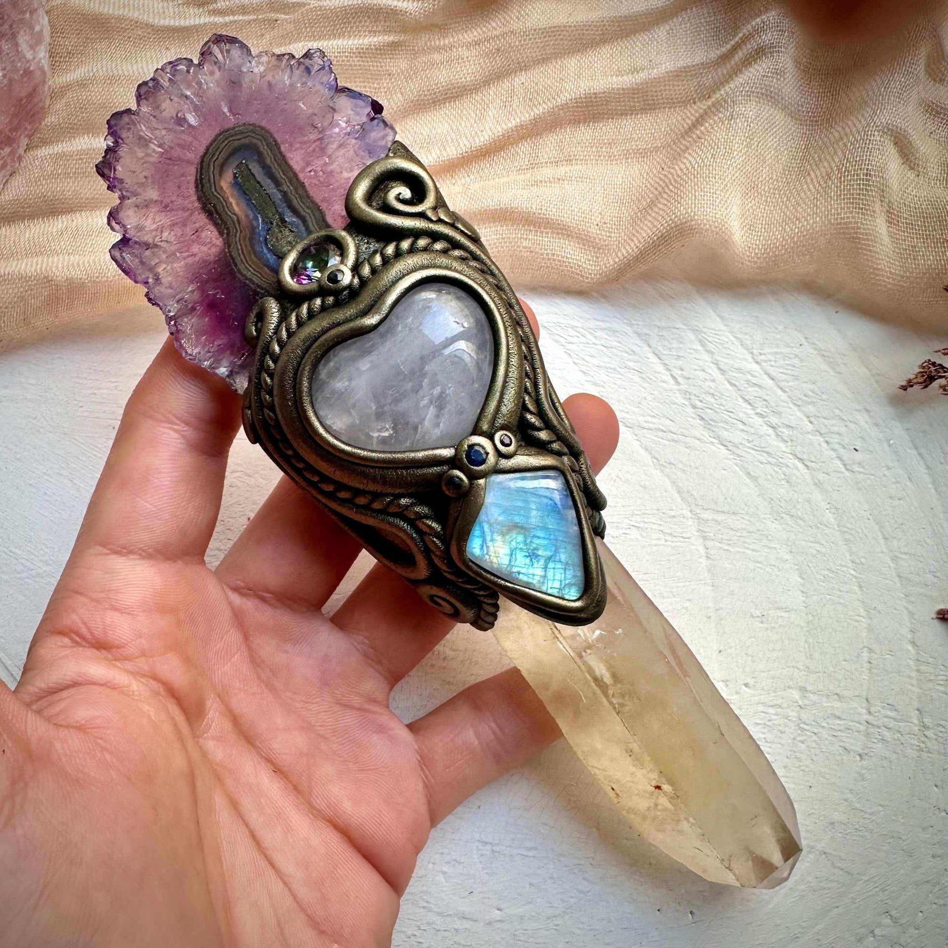 Kundalini Citrine Amethyst Stalactite Rose Quartz Heart Rainbow Moonstone Mystic Topaz Blue Sapphire Wand - FairyGardenGlow