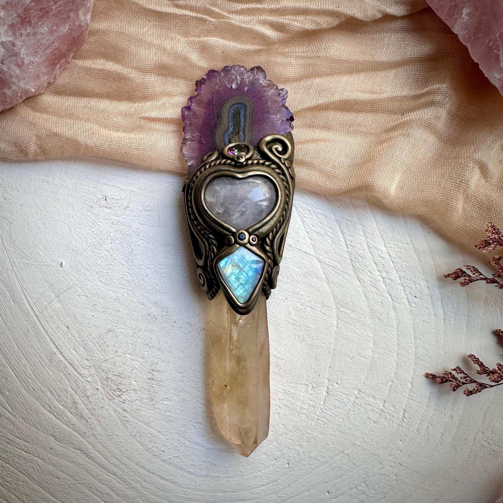 Kundalini Citrine Amethyst Stalactite Rose Quartz Heart Rainbow Moonstone Mystic Topaz Blue Sapphire Wand - FairyGardenGlow