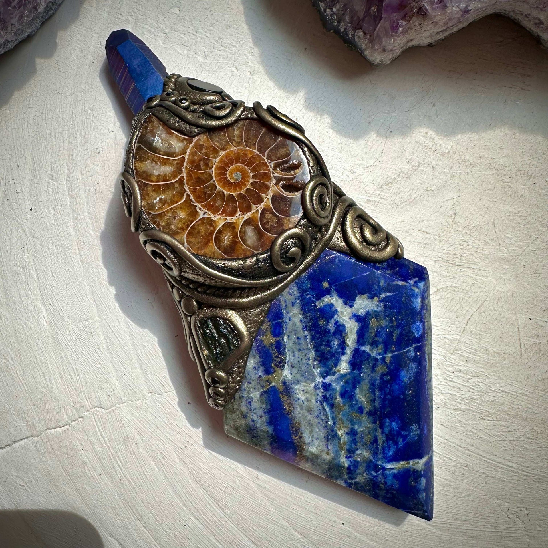 Lapis Lazuli Ammonite Cobalt Aura Quartz Moldavite and Black Onyx Wand / Meditation Focus - FairyGardenGlow