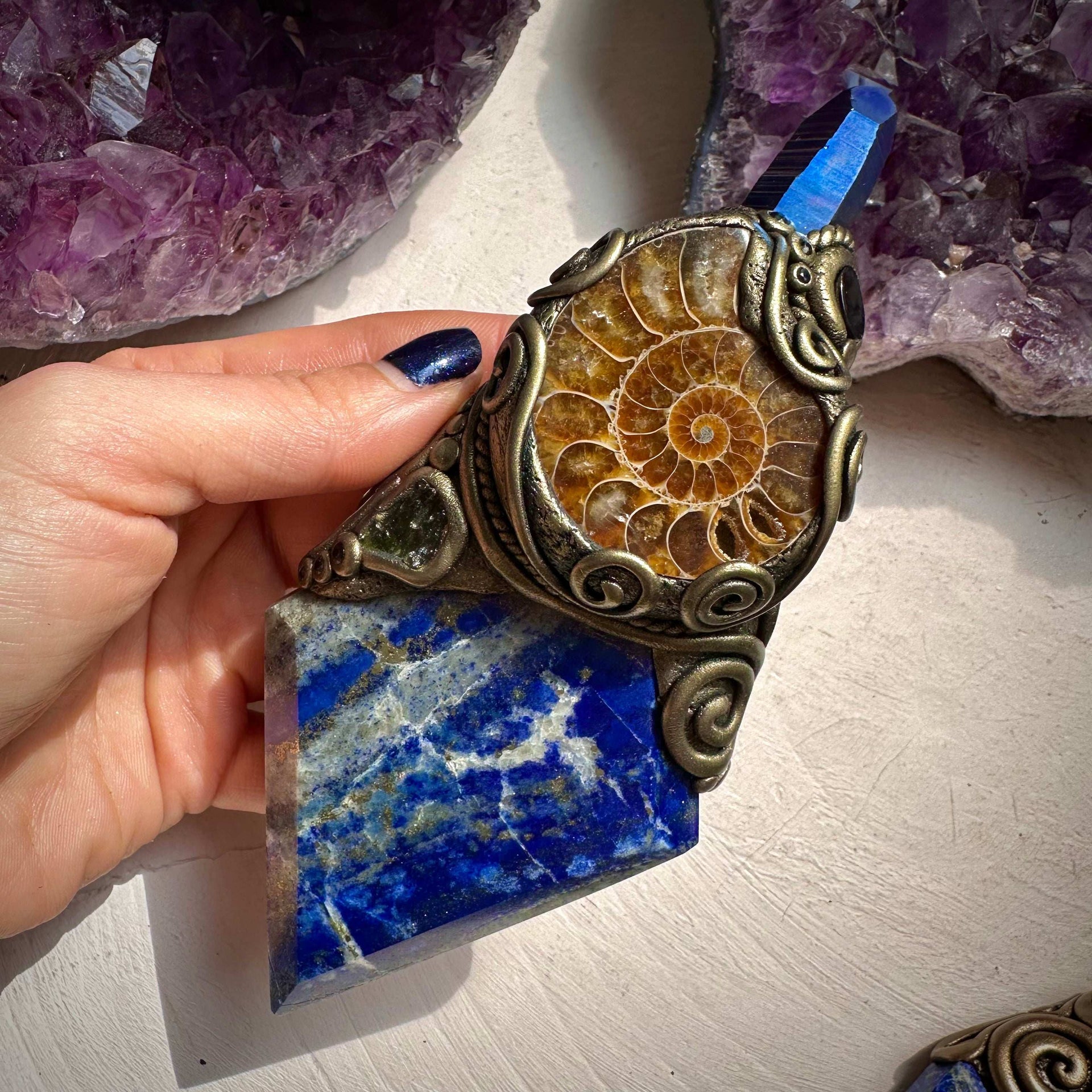 Lapis Lazuli Ammonite Cobalt Aura Quartz Moldavite and Black Onyx Wand / Meditation Focus - FairyGardenGlow