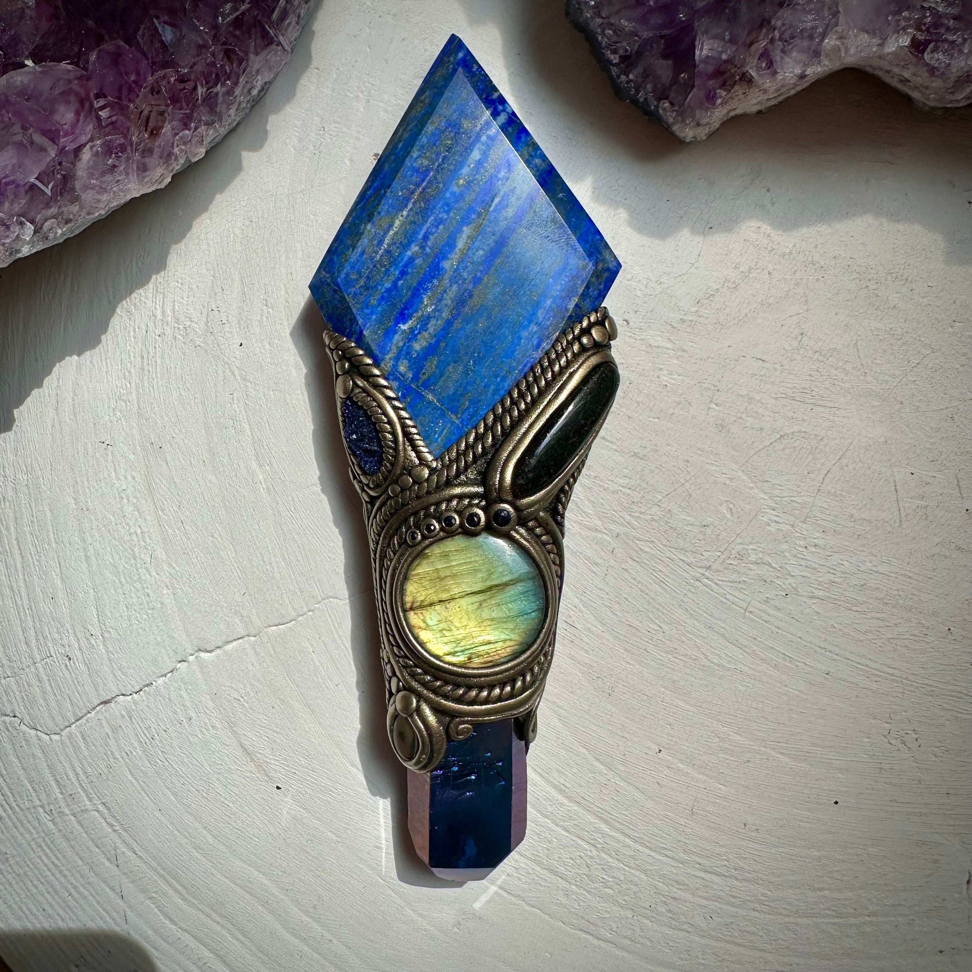 Lapis Lazuli Cobalt Aura Quartz Labradorite Black Tourmaline Azurite Black Onyx and Blue Sapphire Wand - FairyGardenGlow