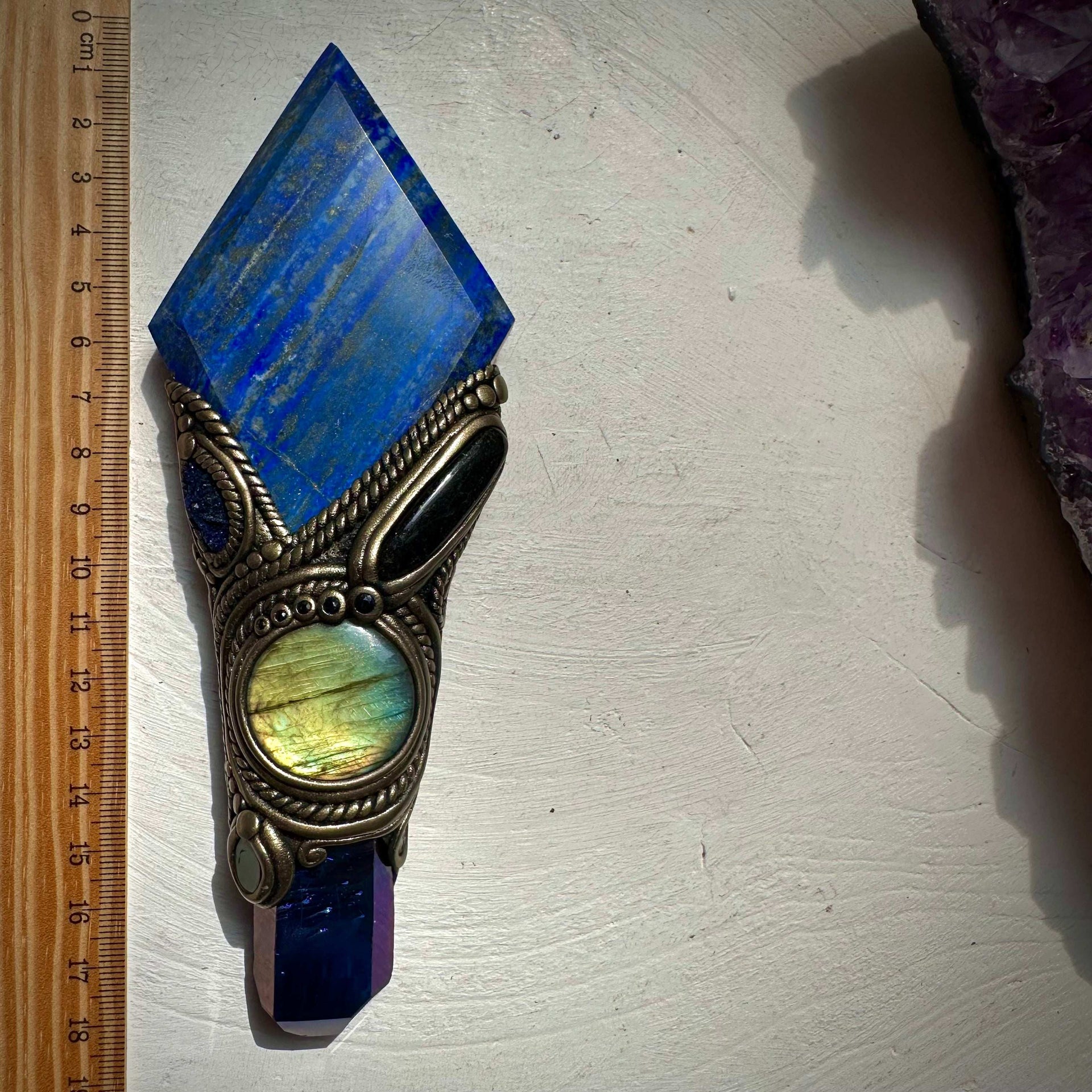 Lapis Lazuli Cobalt Aura Quartz Labradorite Black Tourmaline Azurite Black Onyx and Blue Sapphire Wand - FairyGardenGlow