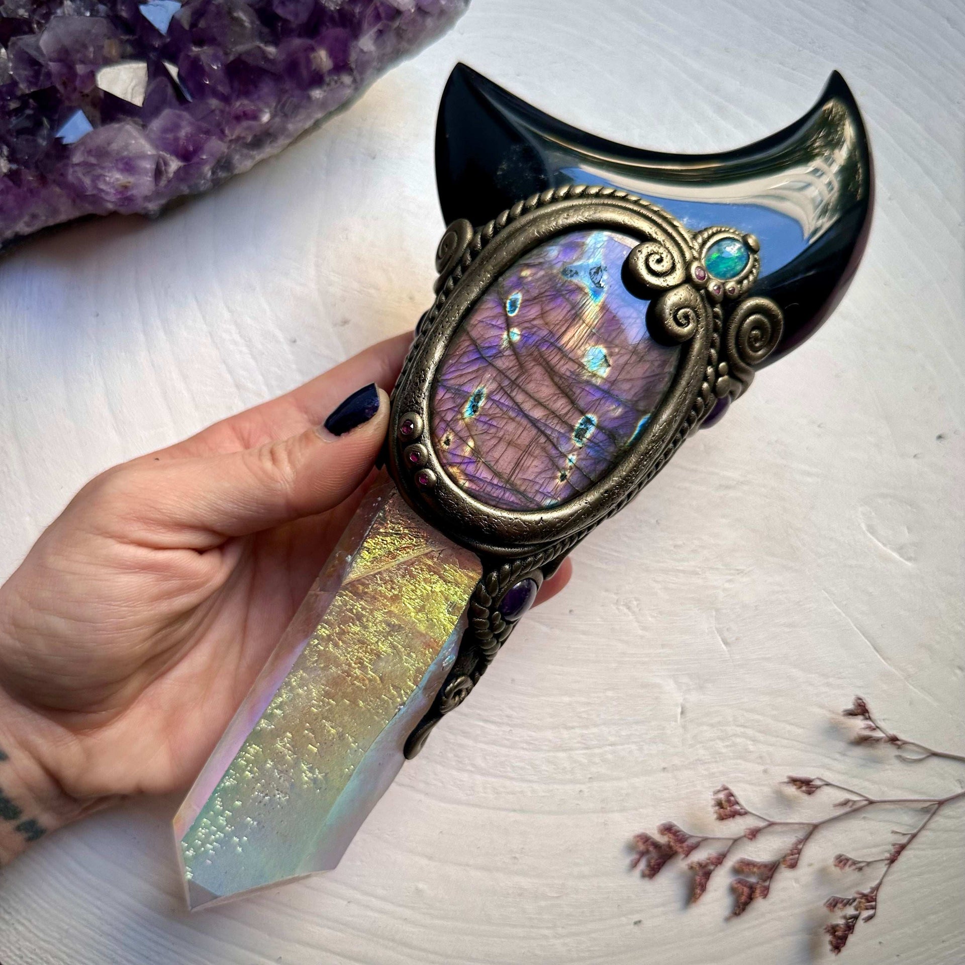 Large Angel Aura Quartz Black Obsidian Moon Labradorite Australian Opal Amethyst and Ruby Wand - FairyGardenGlow
