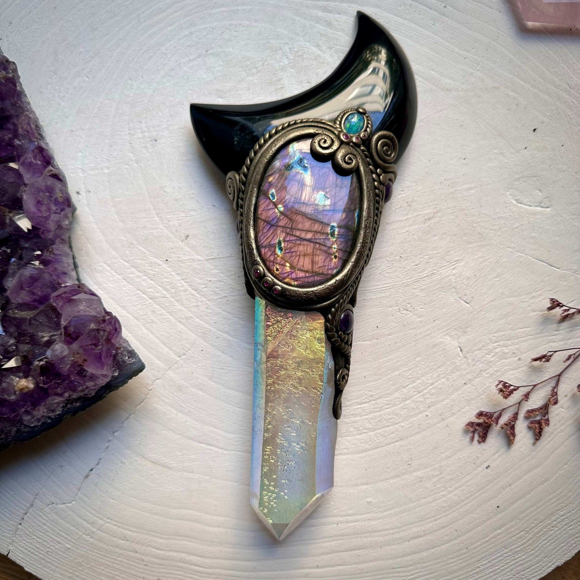 Large Angel Aura Quartz Black Obsidian Moon Labradorite Australian Opal Amethyst and Ruby Wand - FairyGardenGlow