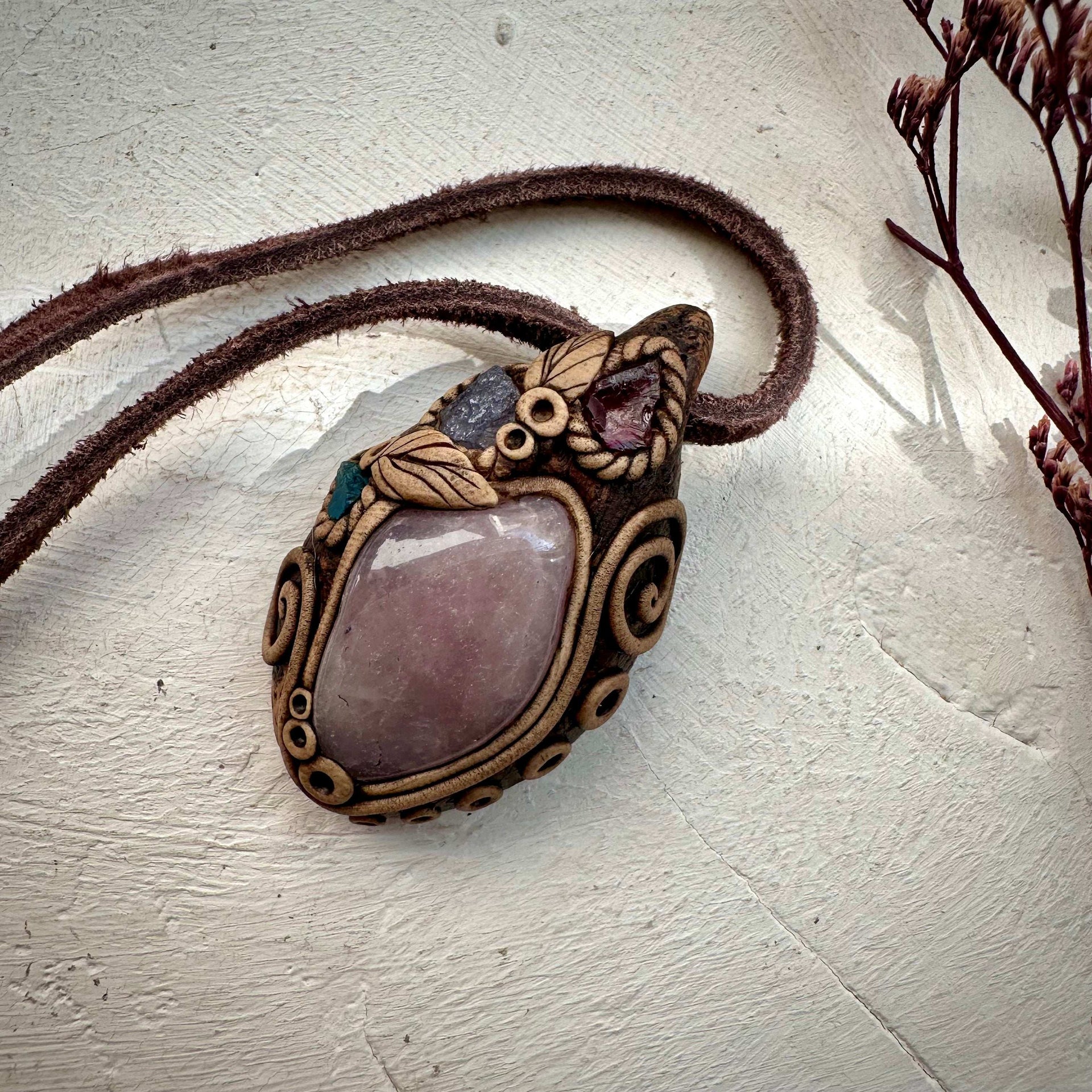 Lavender Quartz Rhodolite Garnet Tanzanite and Blue Apatite Pendant Necklace - FairyGardenGlow