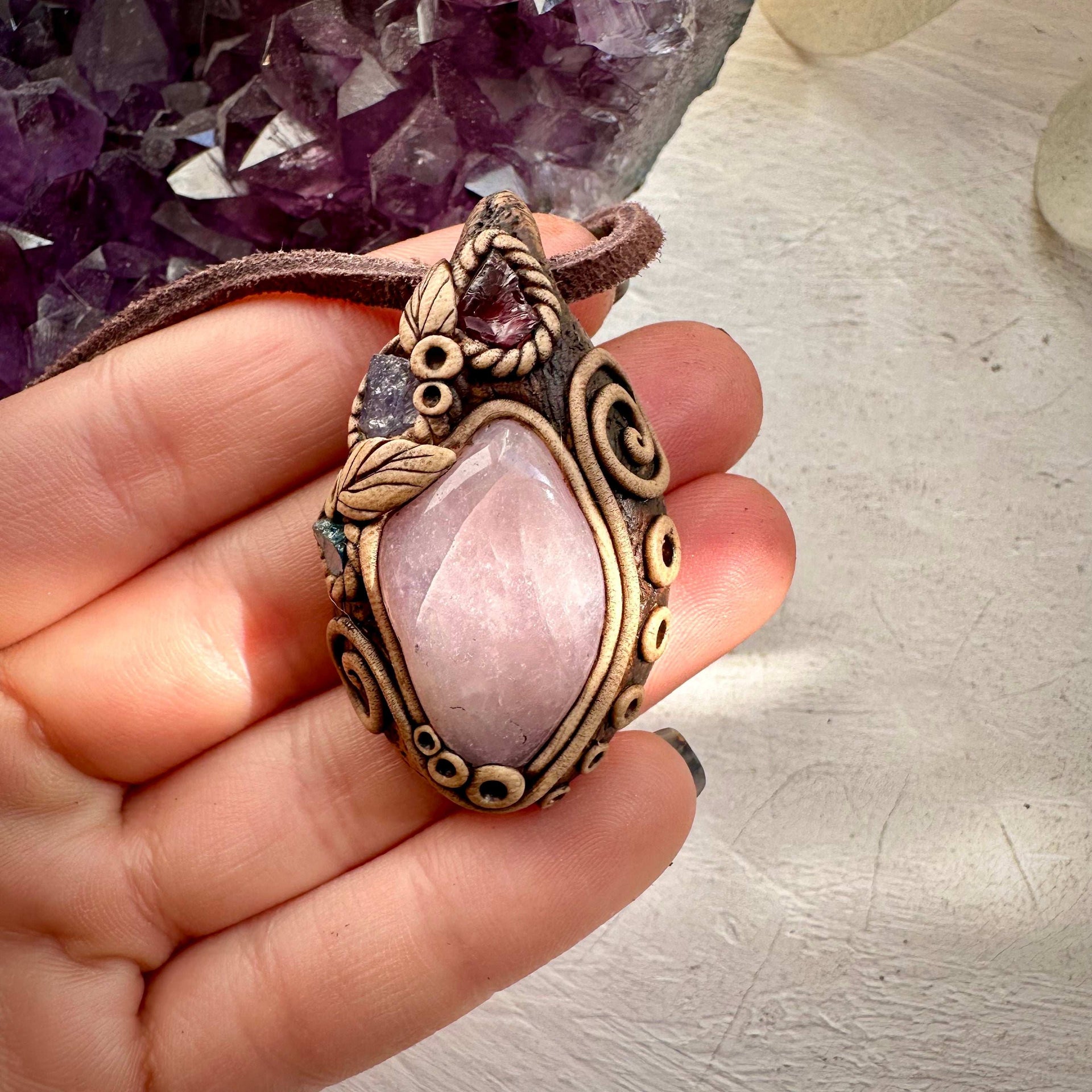 Lavender Quartz Rhodolite Garnet Tanzanite and Blue Apatite Pendant Necklace - FairyGardenGlow