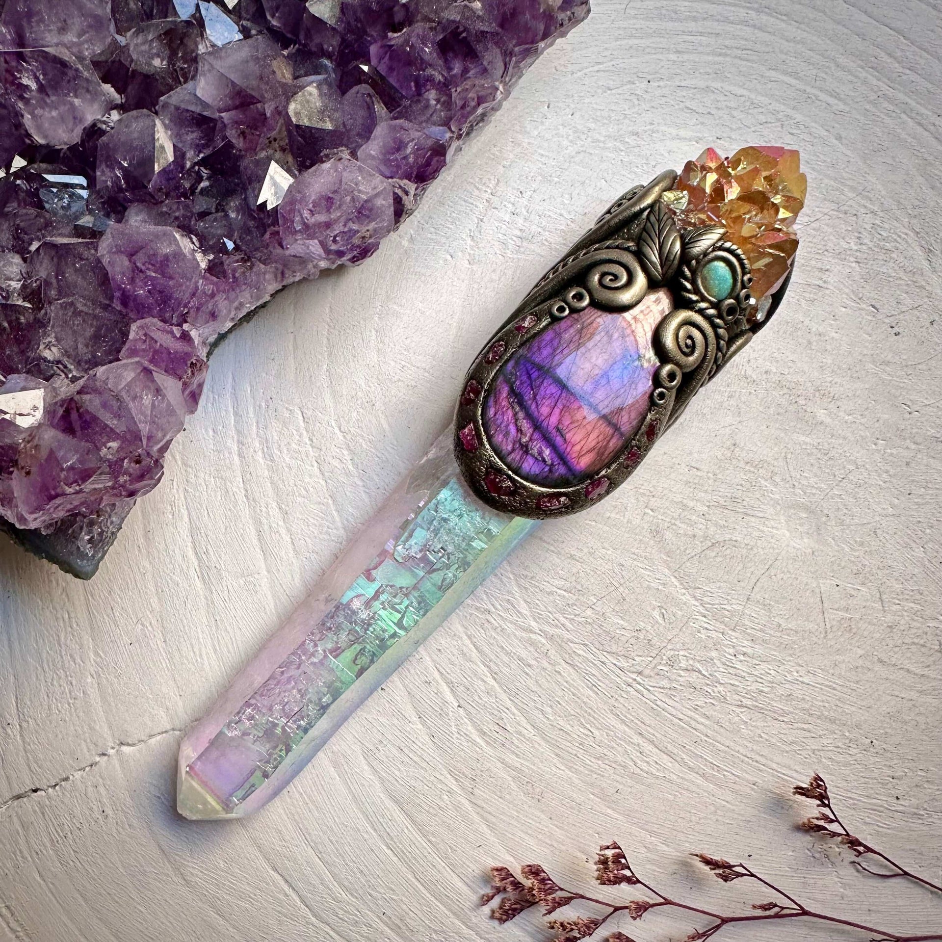 Long Angel Aura Quartz Sunset Aura Spirit Quartz Labradorite Raw Ruby and Australian Opal Wand - FairyGardenGlow