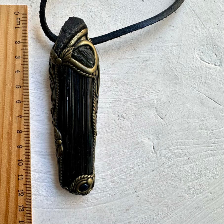 Black Tourmaline and Moldavite Wand – Handmade Crystal Pendant for Protection and Clarity