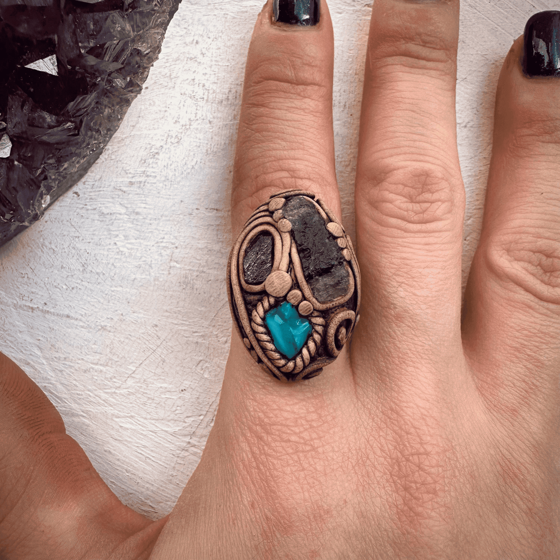 Moldavite Chrysocolla and Rhodolite Garnet Ring - FairyGardenGlow
