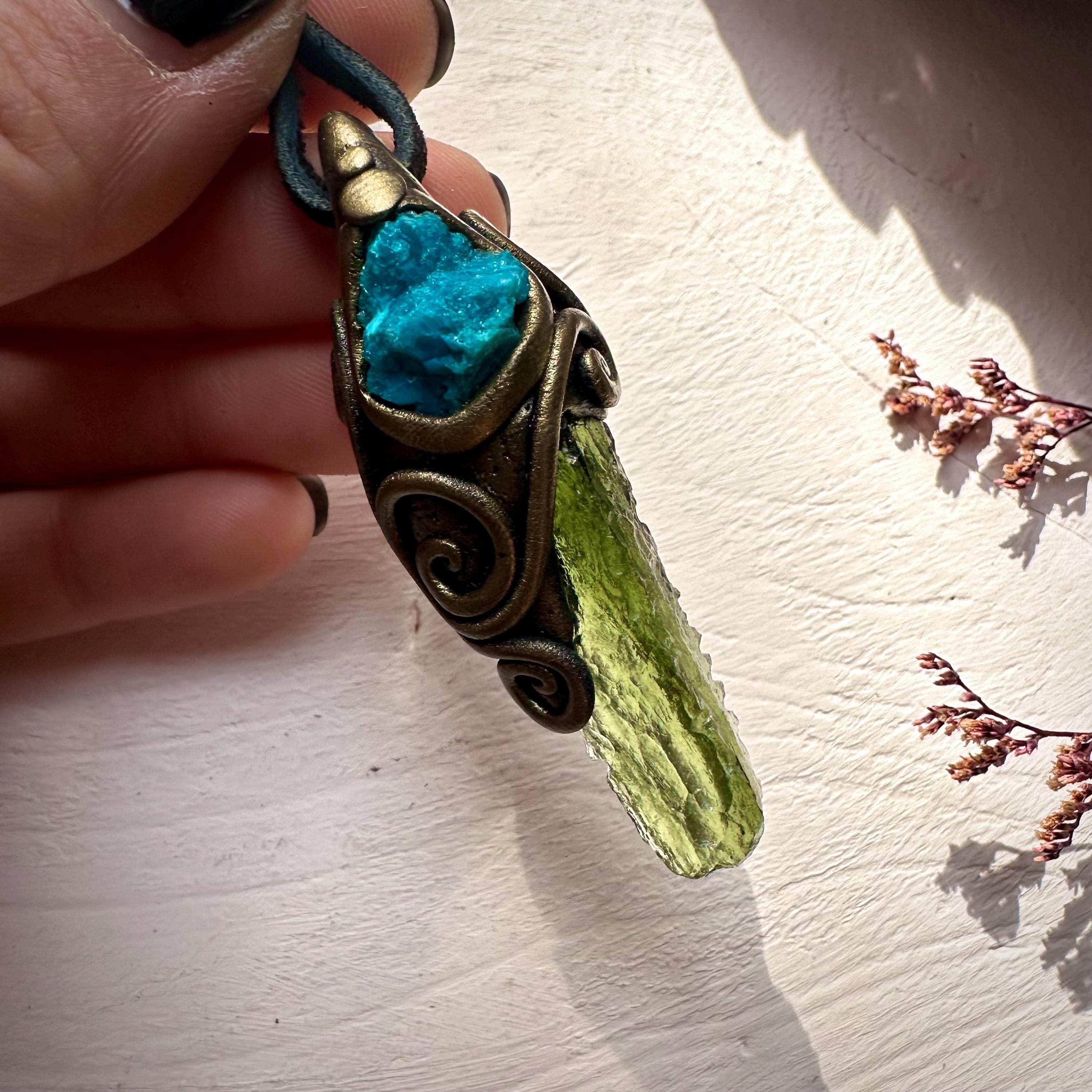 Moldavite and Raw Chrysocolla Pendant Necklace - FairyGardenGlow