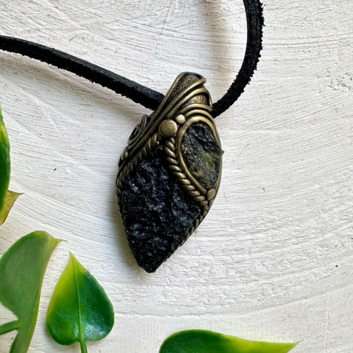Handcrafted Clay Pendant with Genuine Moldavite and Black Tektite Crystals – Spiritual Healing Necklace