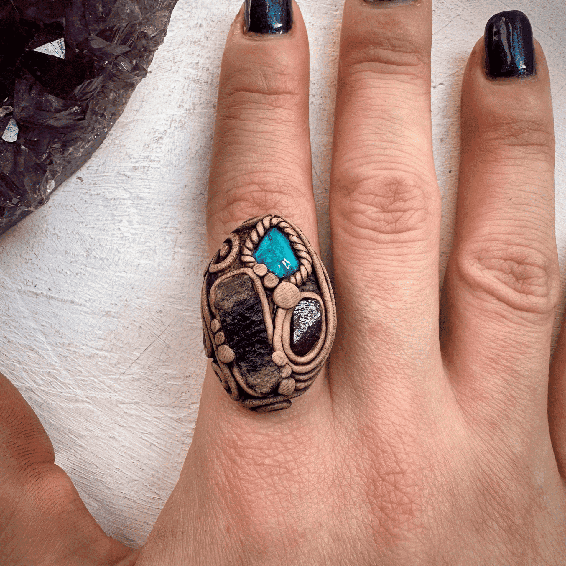Moldavite Chrysocolla and Rhodolite Garnet Ring - FairyGardenGlow