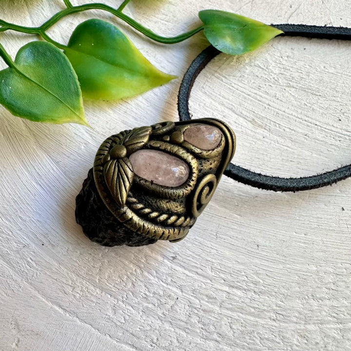 Healing Stone Pendant – Black Tektite and Morganite Gemstone Necklace for Emotional Clarity
