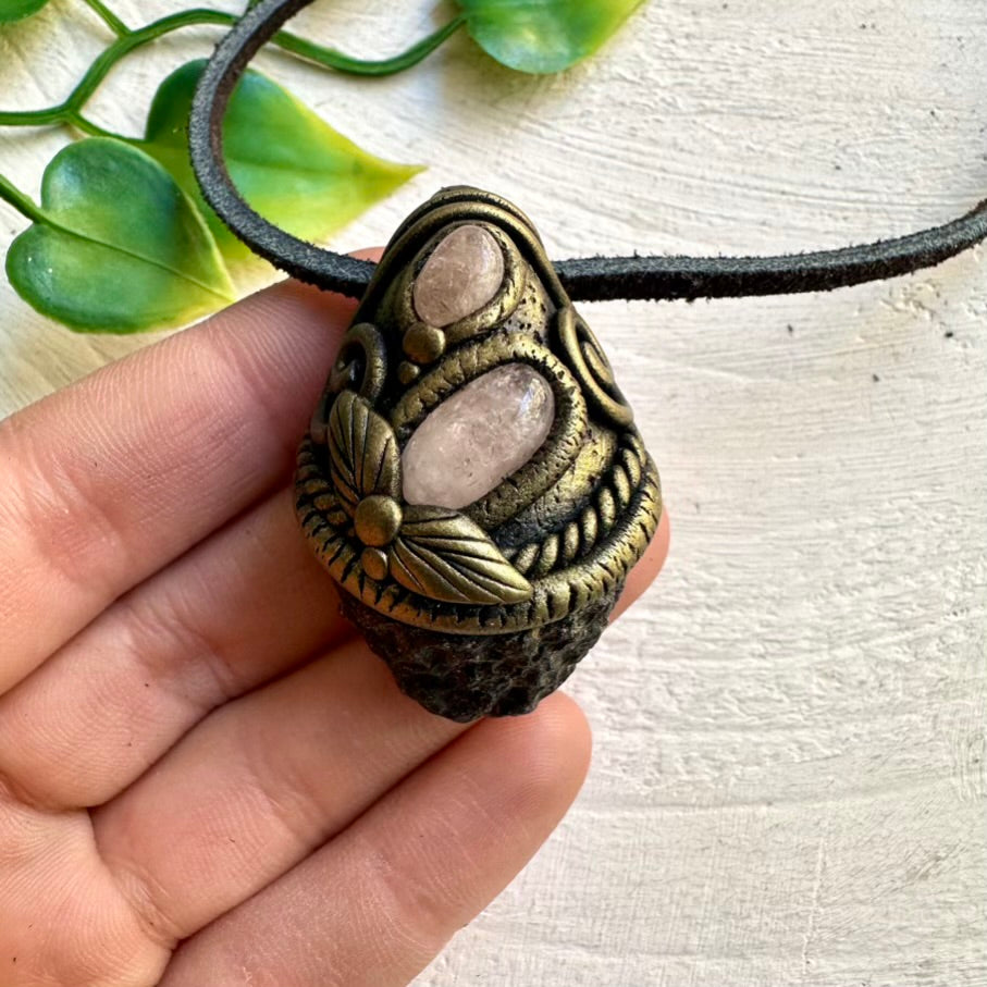 Unique Crystal Necklace – Black Tektite and Morganite Gemstone Pendant for Healing and Strength