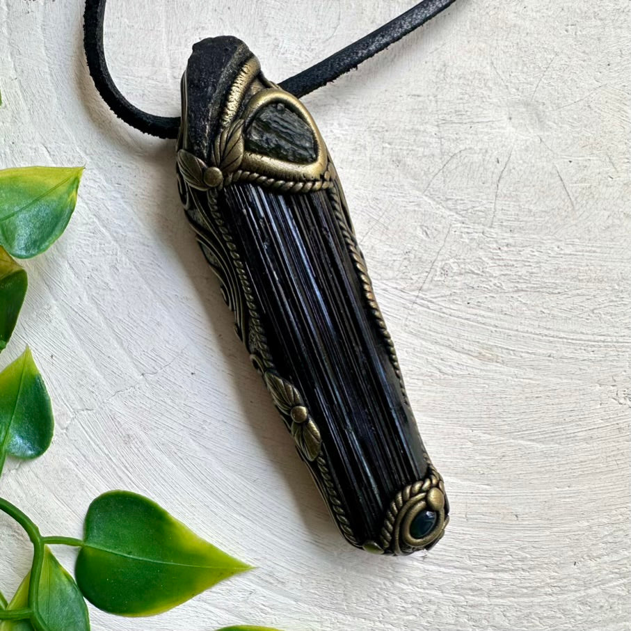 Healing Stone Jewelry – Black Tourmaline, Tektite and Moldavite Wand Pendant for Balance