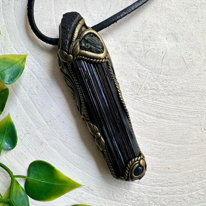 Healing Stone Jewelry – Black Tourmaline, Tektite and Moldavite Wand Pendant for Balance