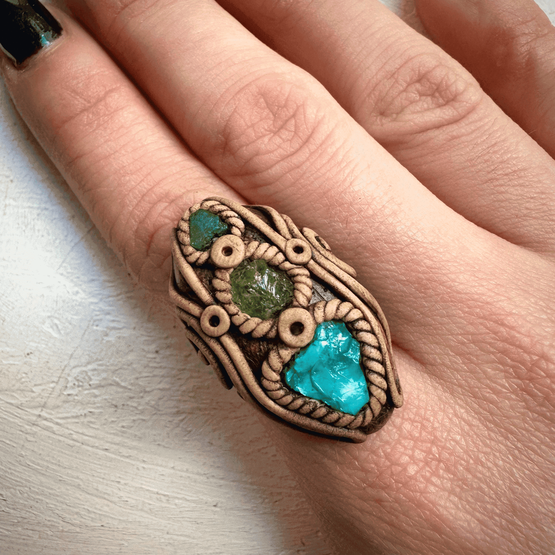 Raw Chrysocolla Tsavorite and Emerald Ring - FairyGardenGlow