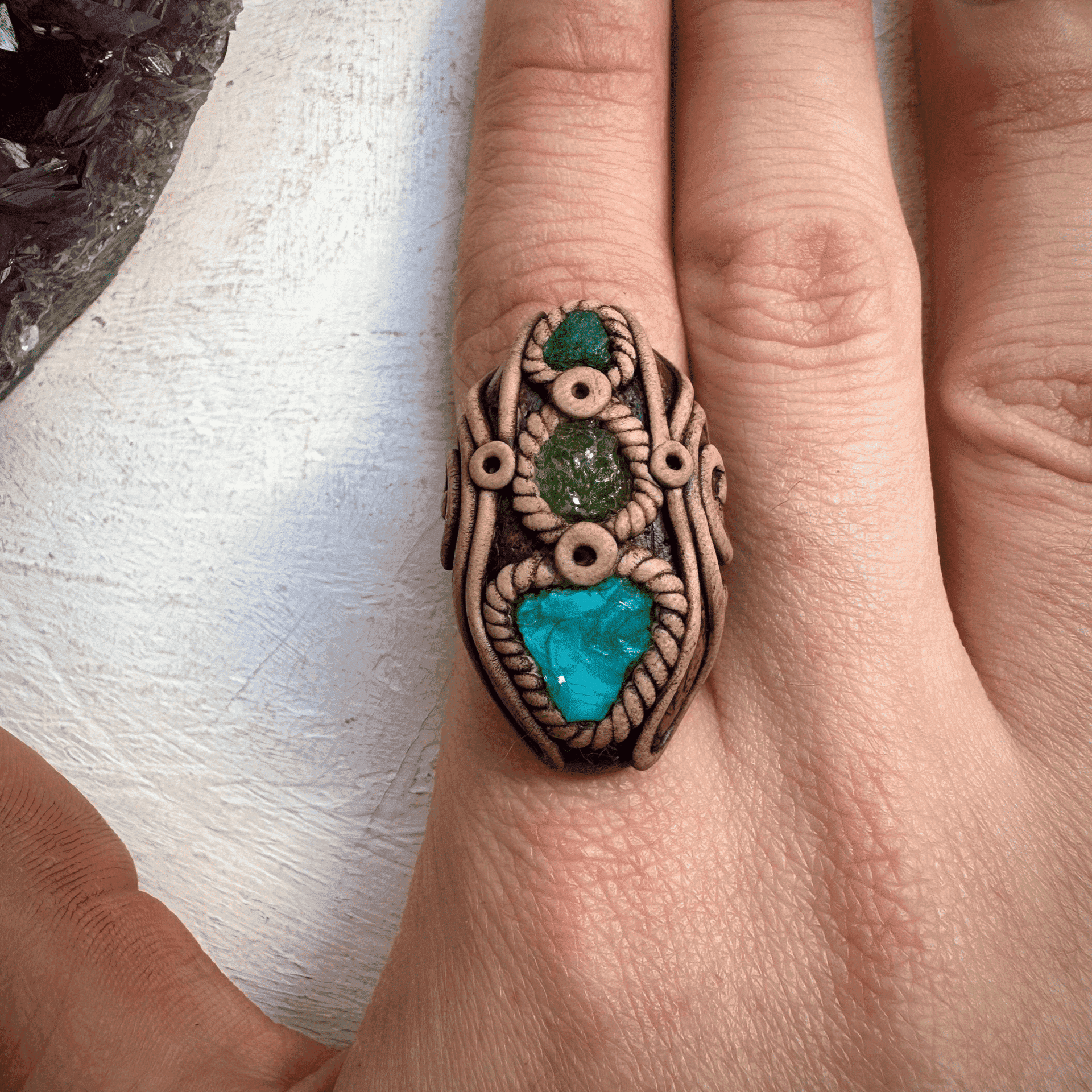 Raw Chrysocolla Tsavorite and Emerald Ring - FairyGardenGlow