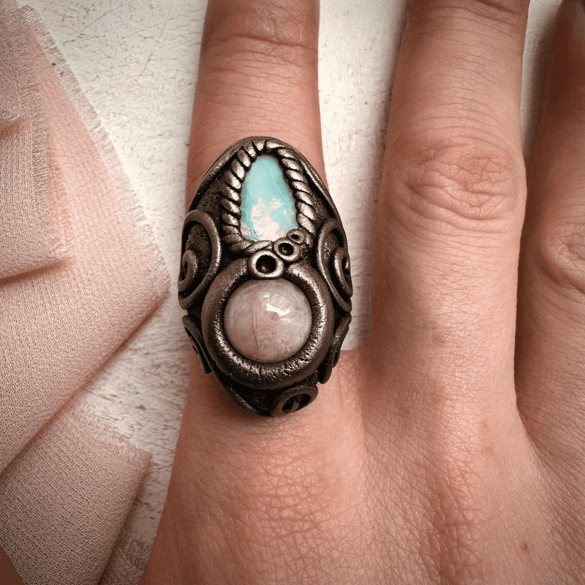 Raw Opal and Morganite Ring - FairyGardenGlow