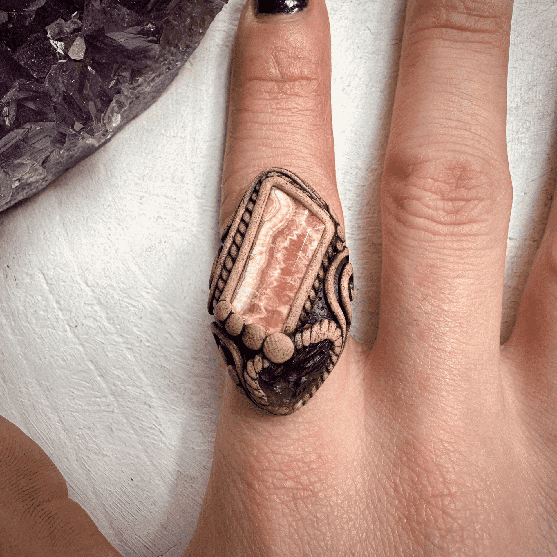 Rhodochrosite and Moldavite Ring - FairyGardenGlow