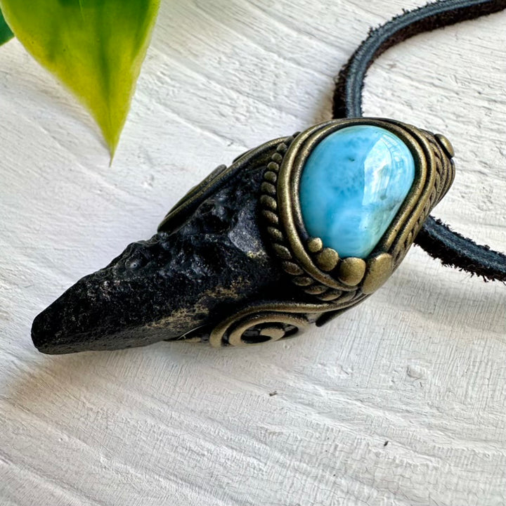 Black Tektite Pendant with Larimar Stone – Handmade Crystal Necklace for Protection and Serenity