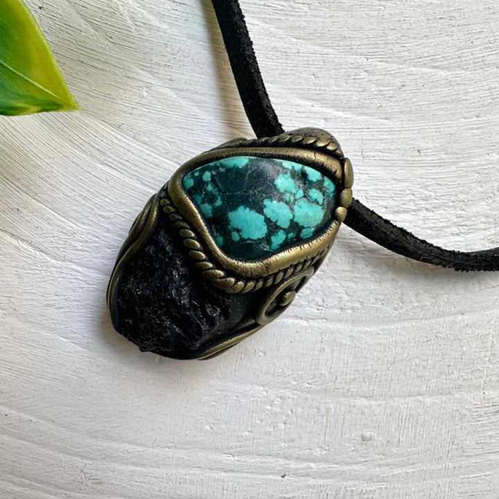 Spiritual Jewelry – Black Tektite and Turquoise Pendant for Emotional Balance