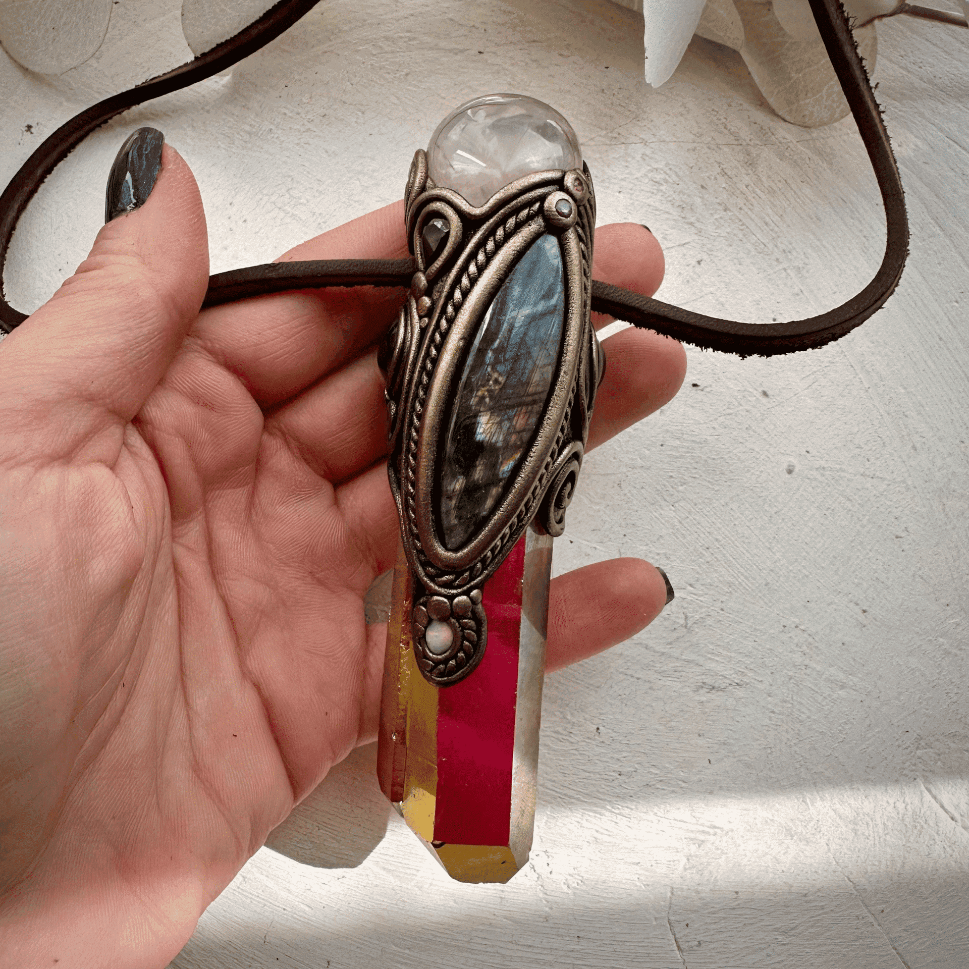 Sunset Aura Quartz with Rose Quartz Labradorite Amethyst Smoky Quartz Australian Opal and Ruby Wand / Necklace - FairyGardenGlow