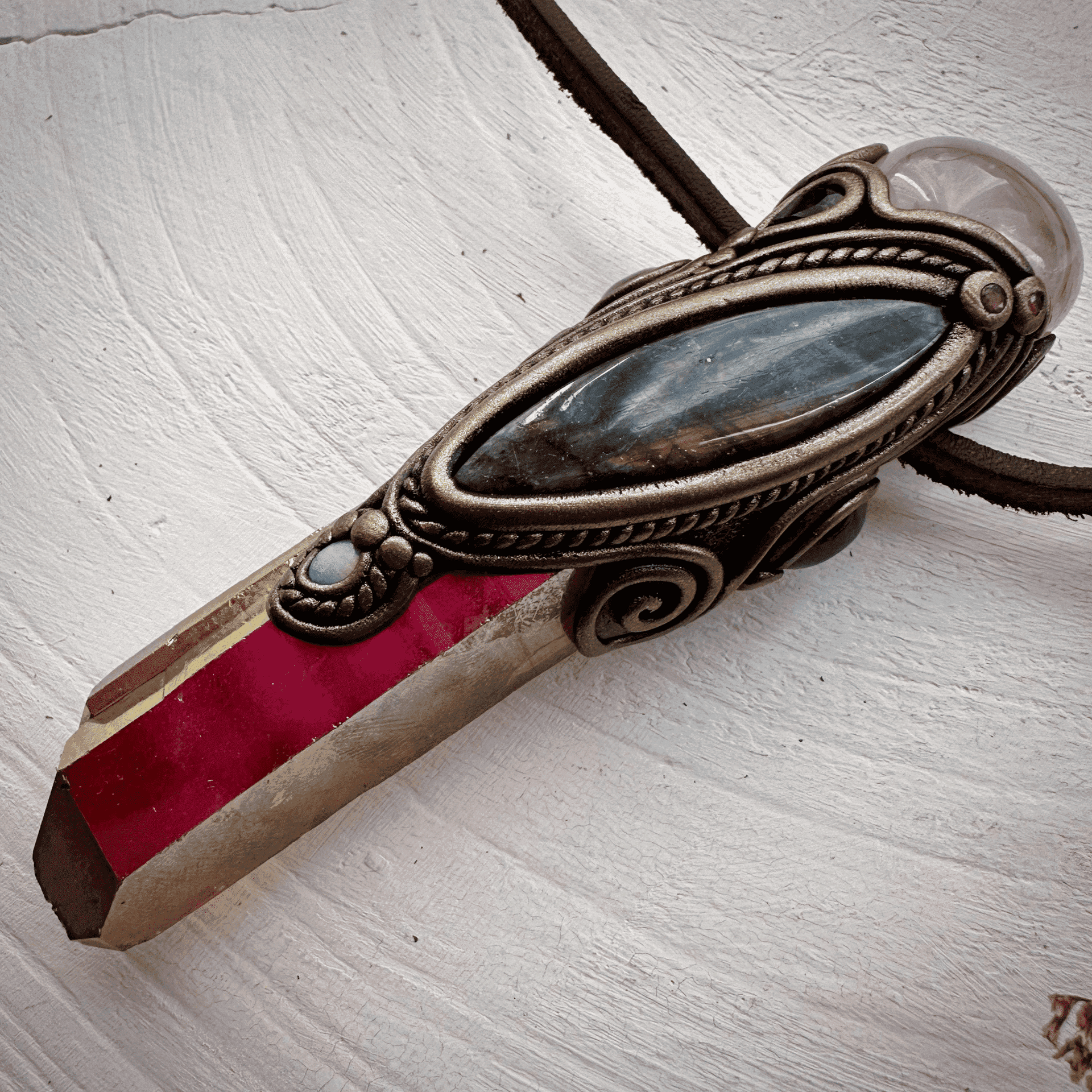 Sunset Aura Quartz with Rose Quartz Labradorite Amethyst Smoky Quartz Australian Opal and Ruby Wand / Necklace - FairyGardenGlow