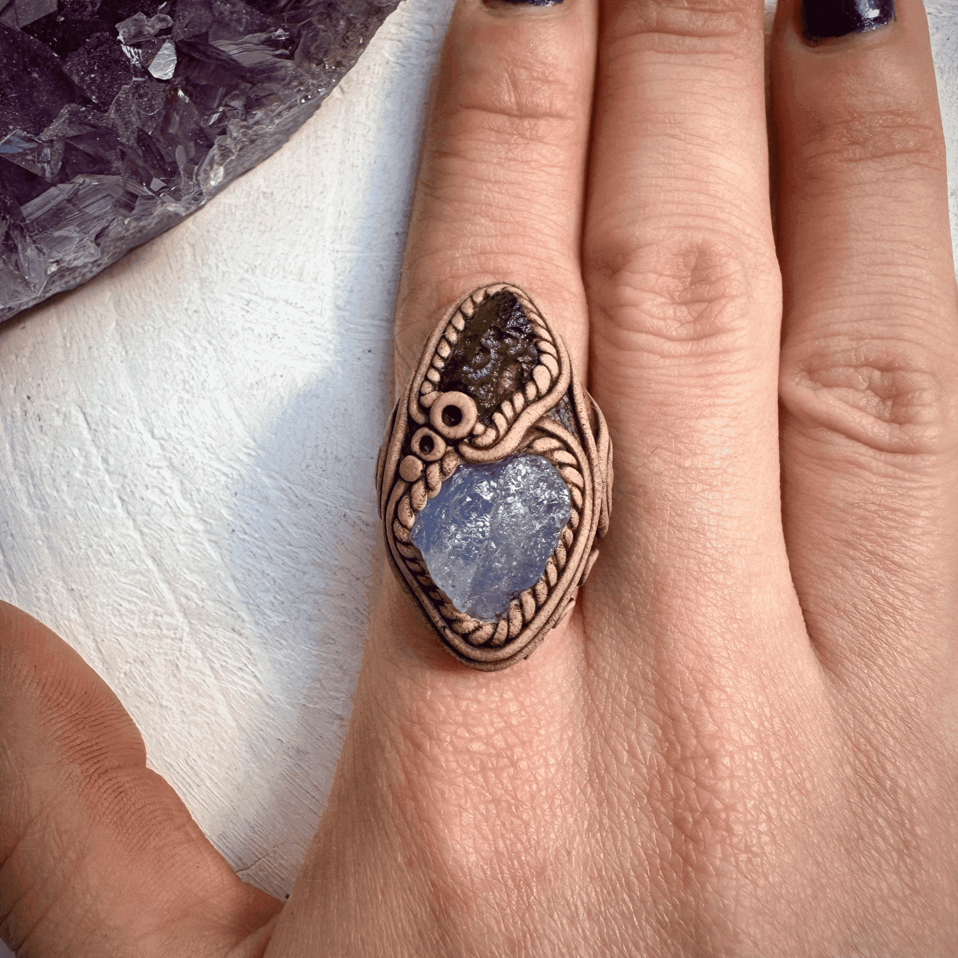 Tanzanite and Raw Moldavite Ring - FairyGardenGlow