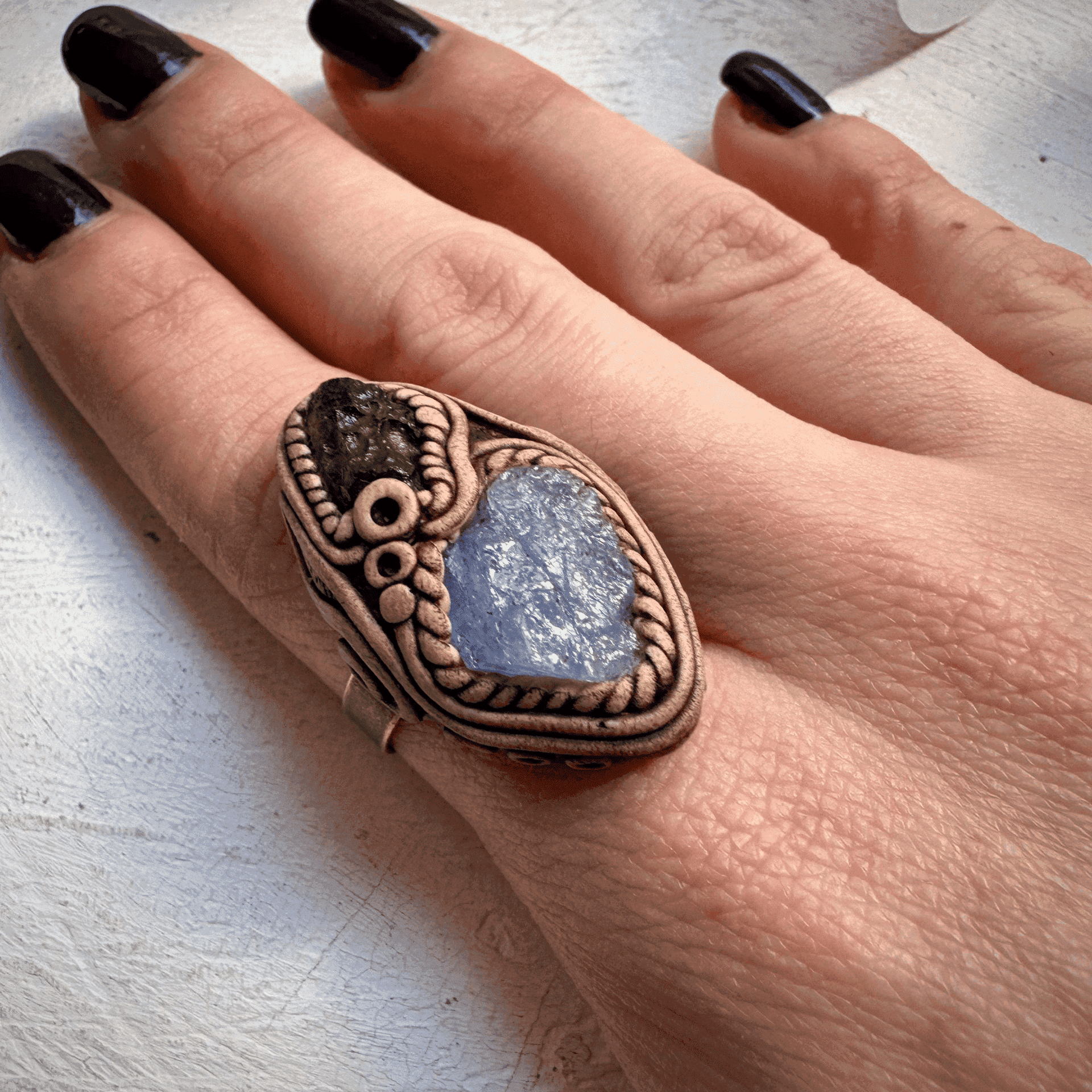 Tanzanite and Raw Moldavite Ring - FairyGardenGlow