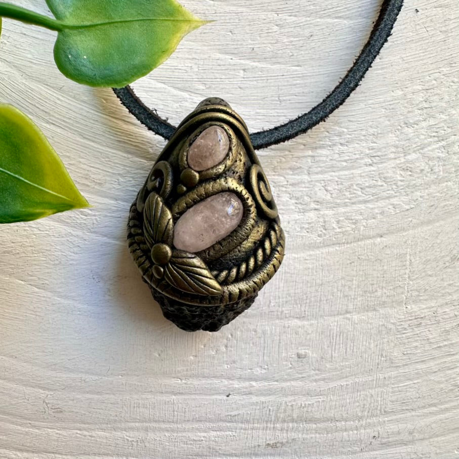 Handmade Necklace with Black Tektite and Morganite – Healing Crystal Jewelry for Balance and Love