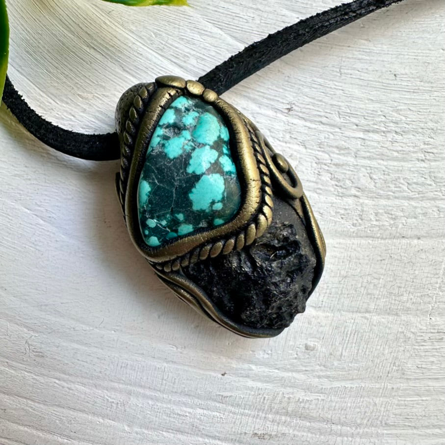 Turquoise and Tektite Pendant – Handmade Spiritual Jewelry for Energy Balance