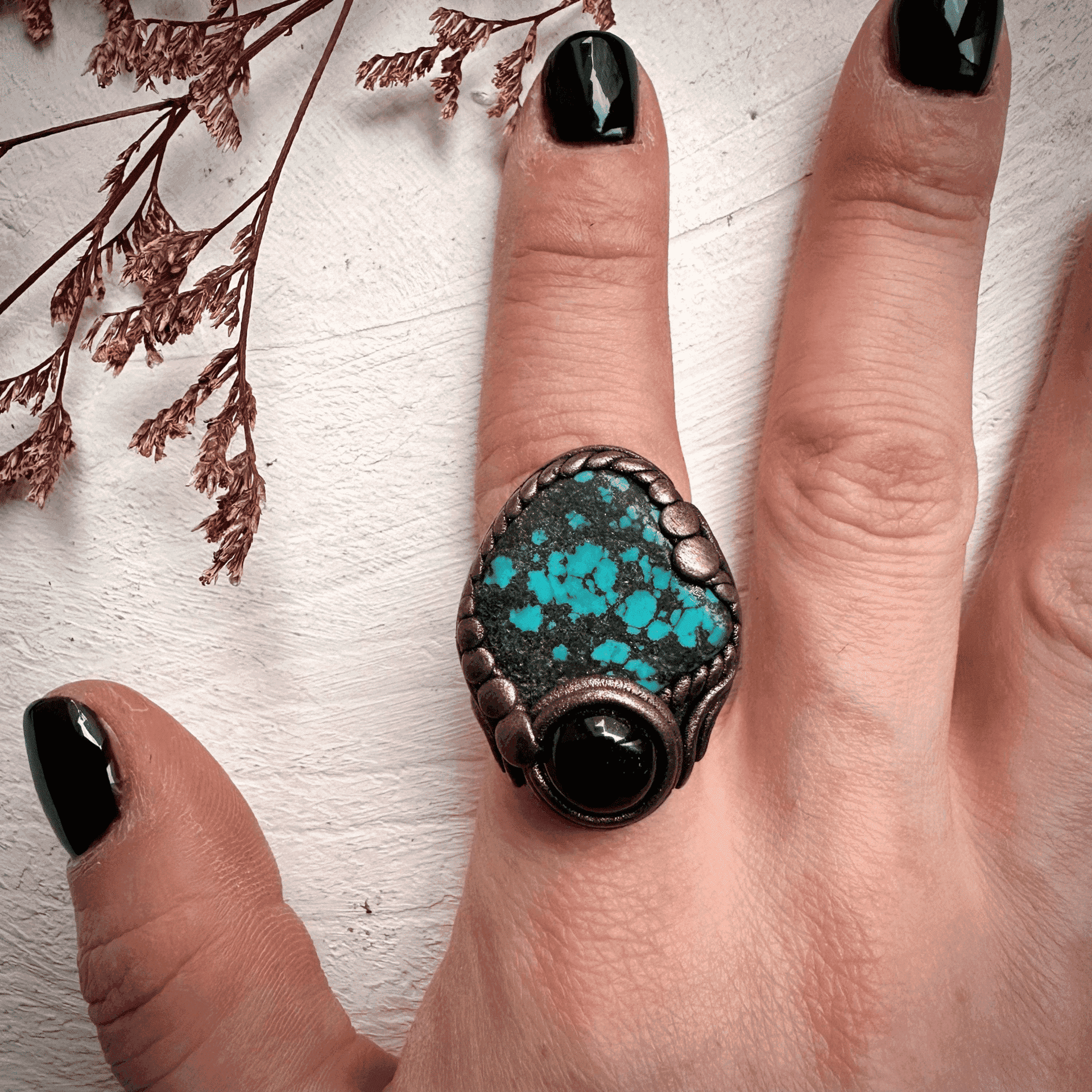 Turquoise and Black Onyx Ring - FairyGardenGlow