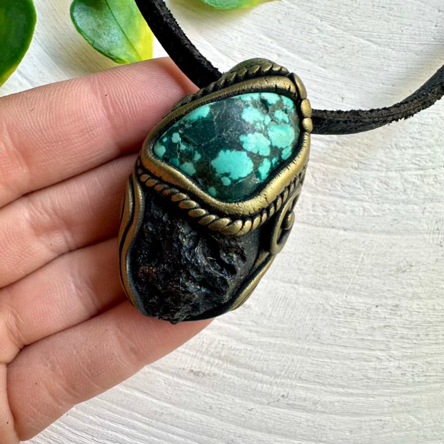 Unique Handmade Necklace – Black Tektite and Turquoise Jewelry for Protection