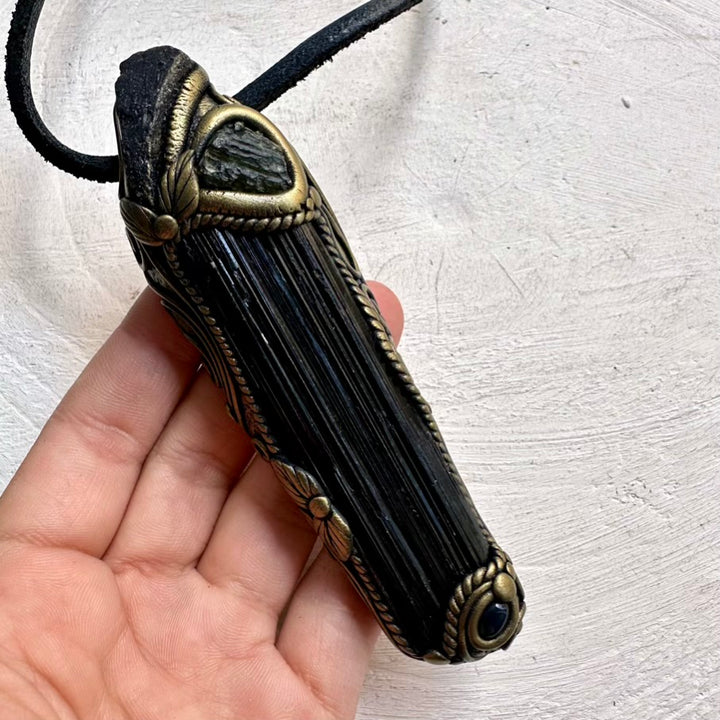 Handcrafted Crystal Pendant – Black Tourmaline, Moldavite and Black Opal for Transformation