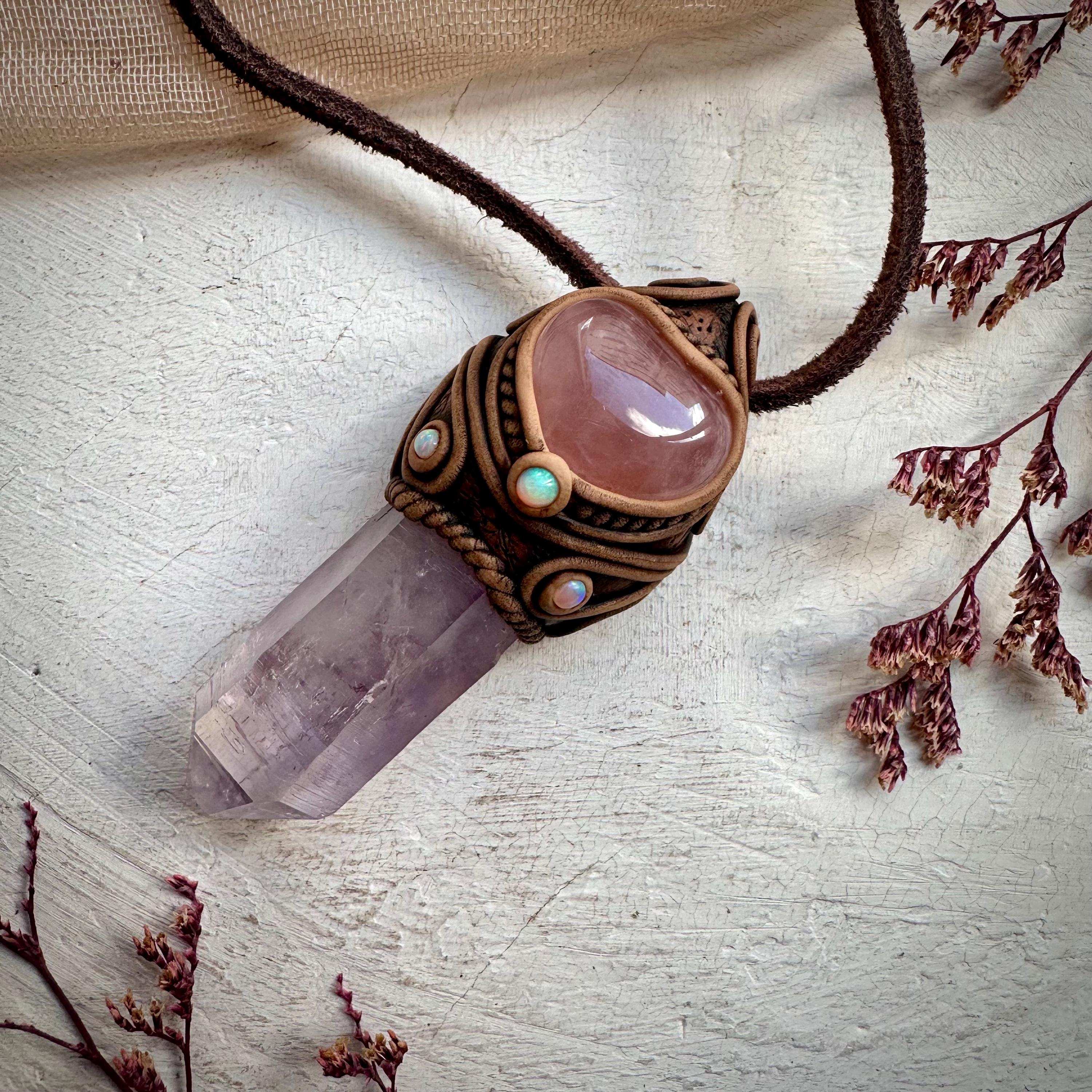 Vera Cruz Amethyst Rose Quartz Heart and Australian Opal Necklace - FairyGardenGlow