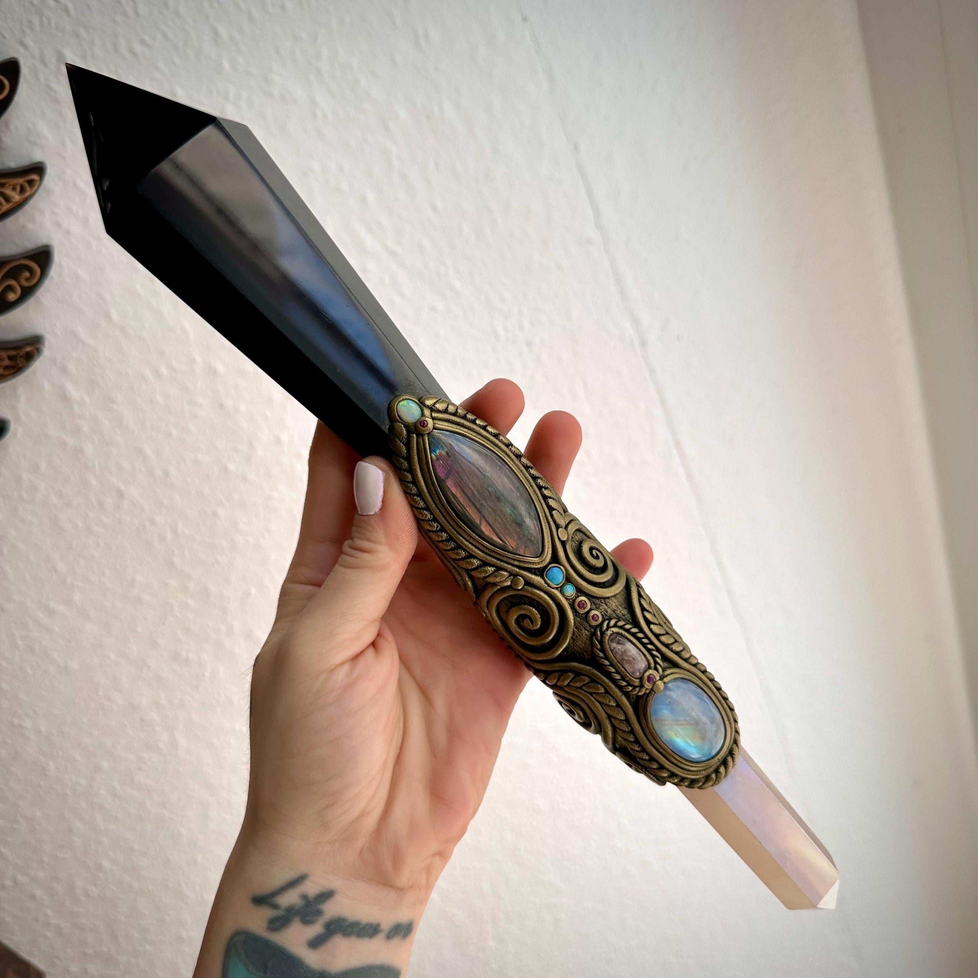 XL Black Obsidian Wand , Angel Aura Rose Quartz Labradorite Rainbow Moonstone Australian Opal Morganite Ruby Wand - FairyGardenGlow