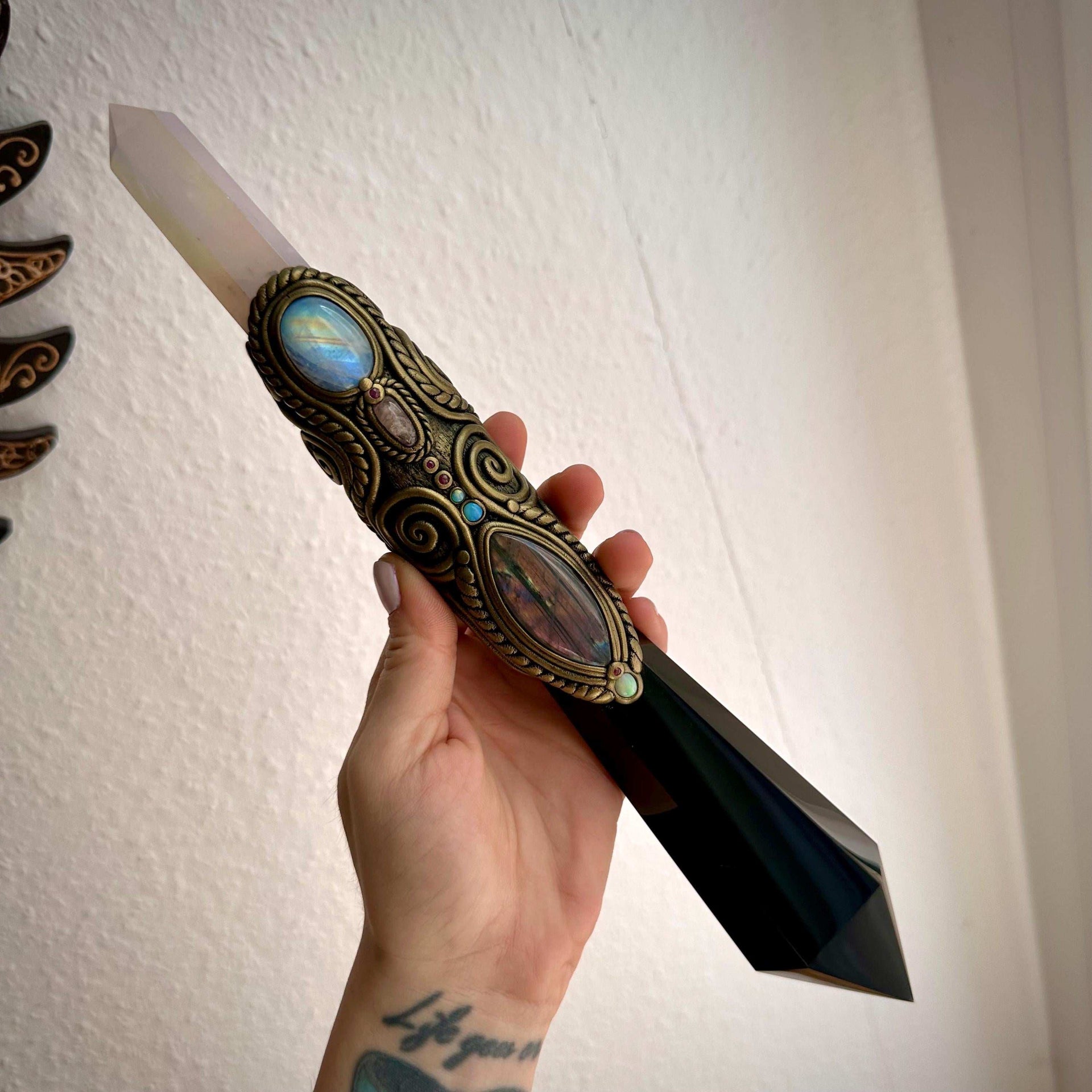 XL Black Obsidian Wand , Angel Aura Rose Quartz Labradorite Rainbow Moonstone Australian Opal Morganite Ruby Wand - FairyGardenGlow