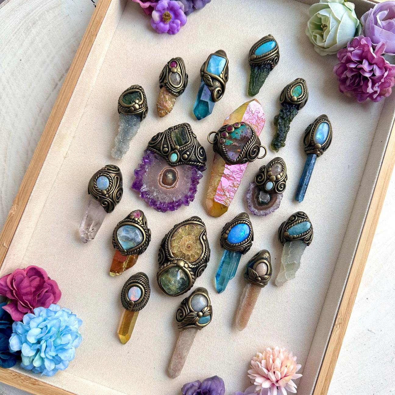 One of a kind handmade crystal necklace with raw gemstone and mystical clay setting