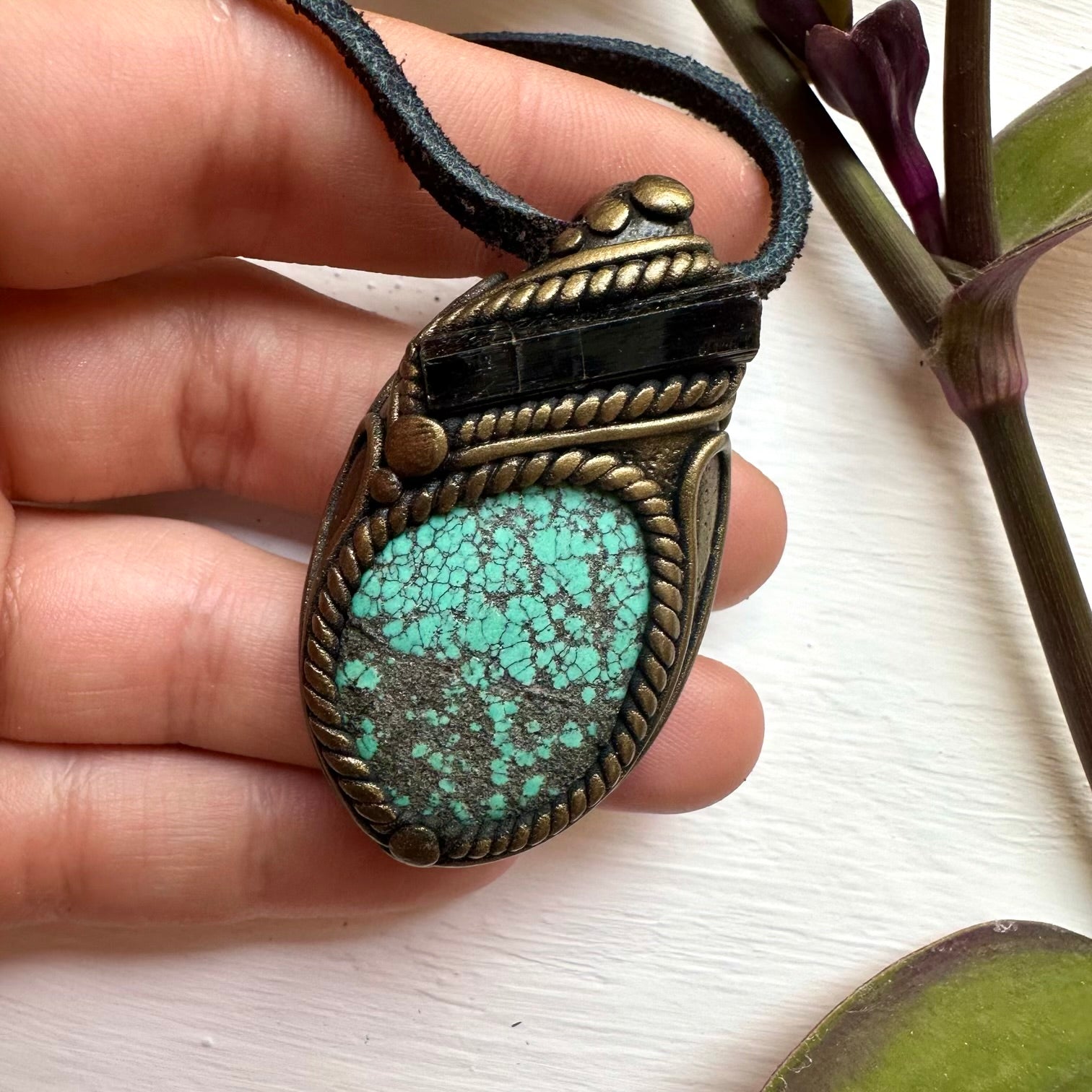 Turquoise and Black Tourmaline Pendant Necklace - FairyGardenGlow