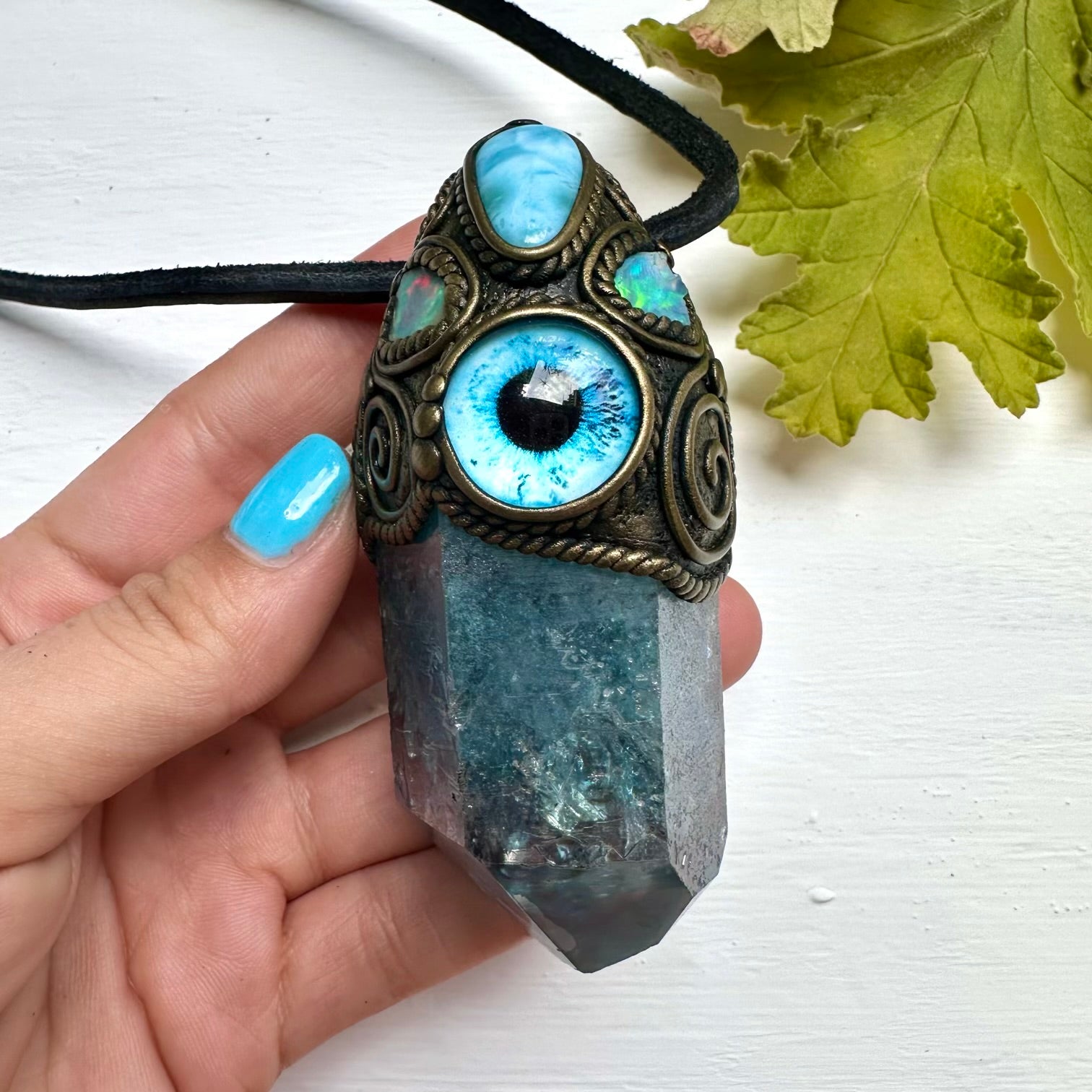 Aqua Aura Quartz Larimar and Raw Opal Eye Wand / Pendant - FairyGardenGlow