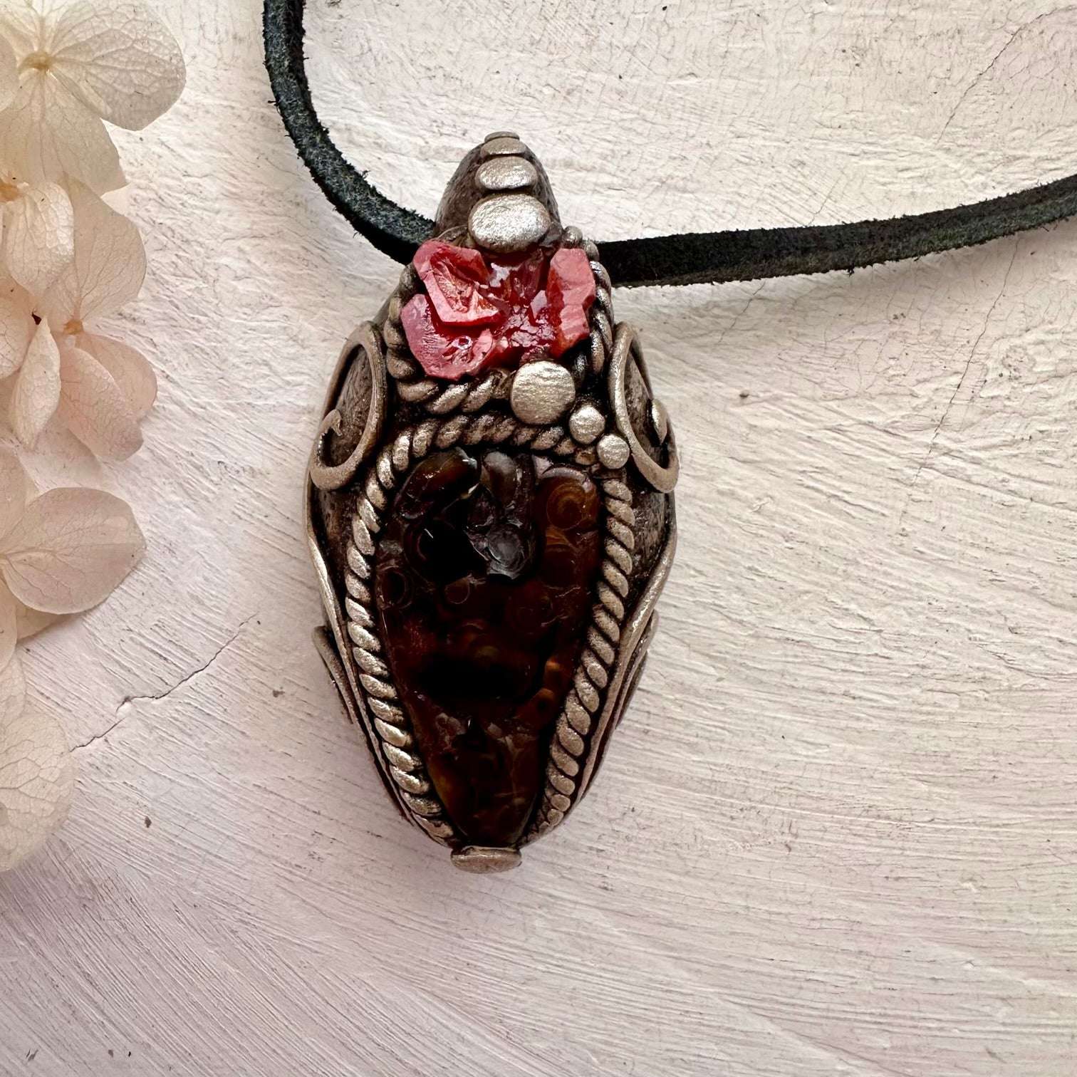 Fire Agate and Vanadinite Pendant, Handmade Crystal Jewelry - FairyGardenGlow